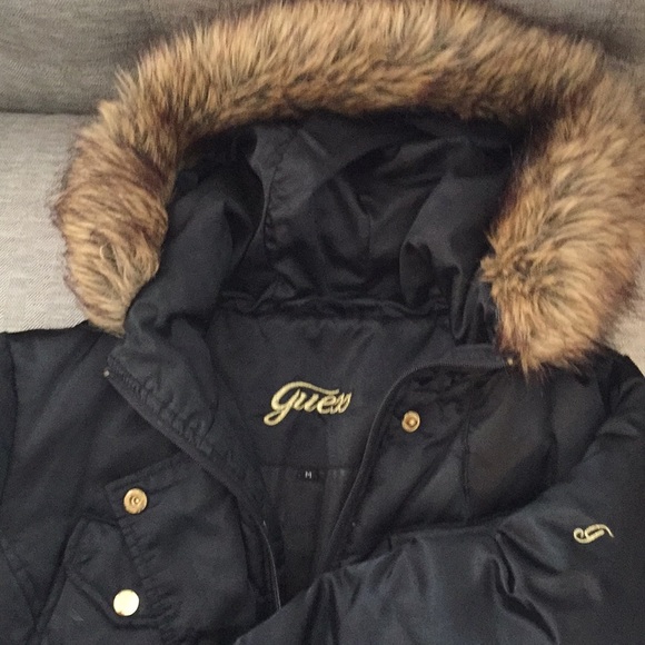 Guess Fur Hooded Jacket black with Gold Accents - Picture 10 of 12